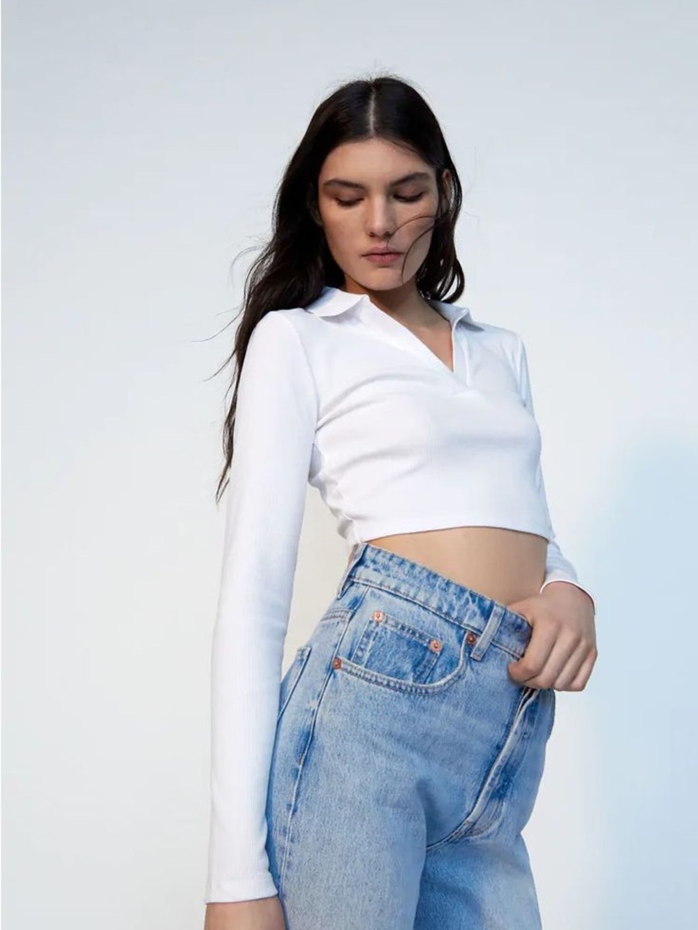 Zara White Polo Collar Ribbed V‑Neck Cropped Long‑Sleeve Top